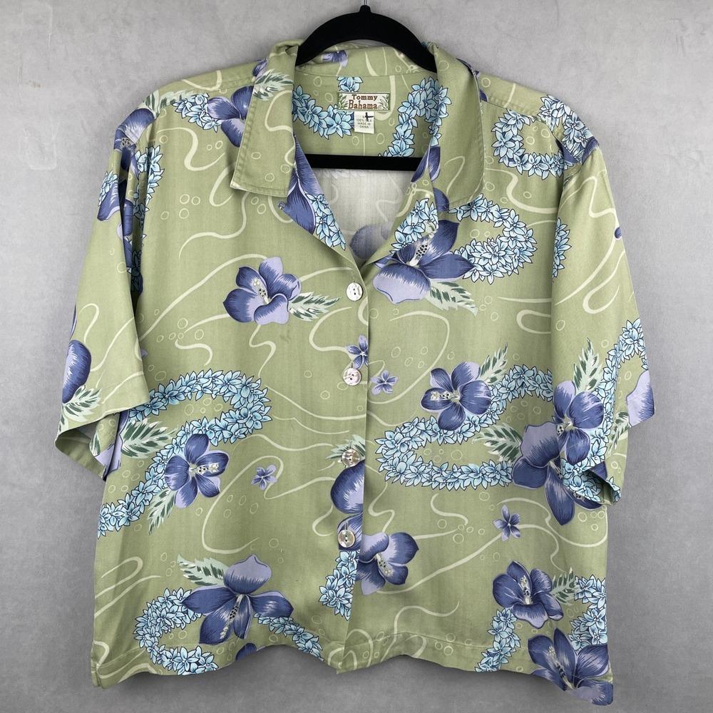 Tommy Bahama Wmns L Silk Camp Shirt Green Floral Tropical Lei Aloha Button Up